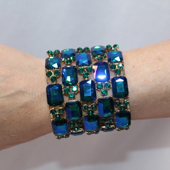 Blue and Green Stretch Wide Band Bracelet - Picture 2 of 6